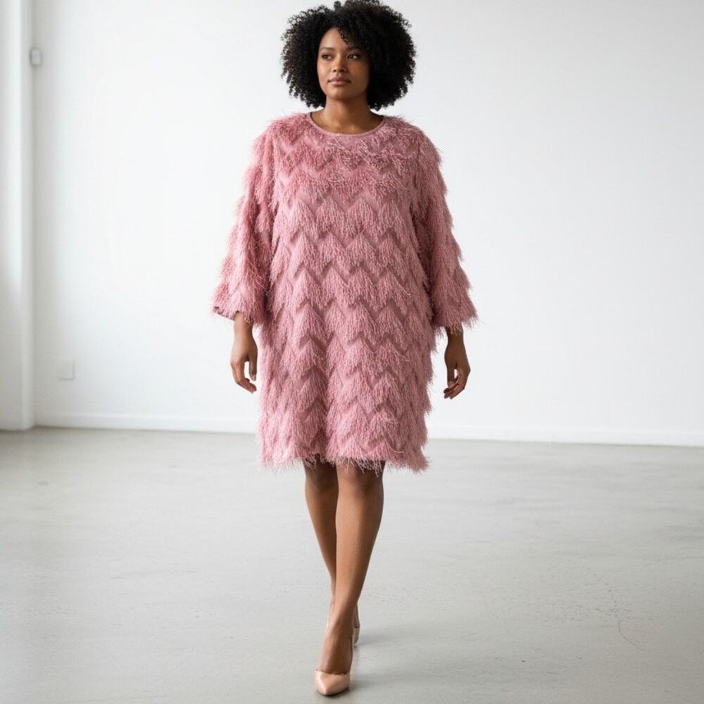 Hutch X Anthropologie Pink Chevron Fringe Long Sleeve Statement Dress Size 2X